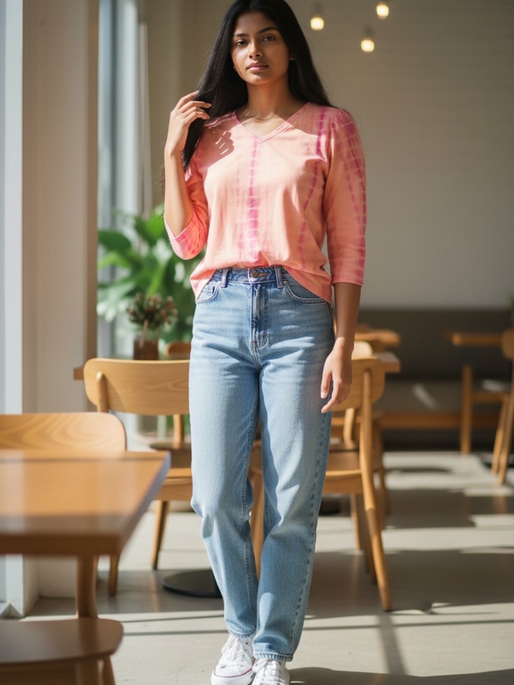 Belle by Kim Gravel Pink Tie-Dye V-Neck 3/4 Sleeve Top